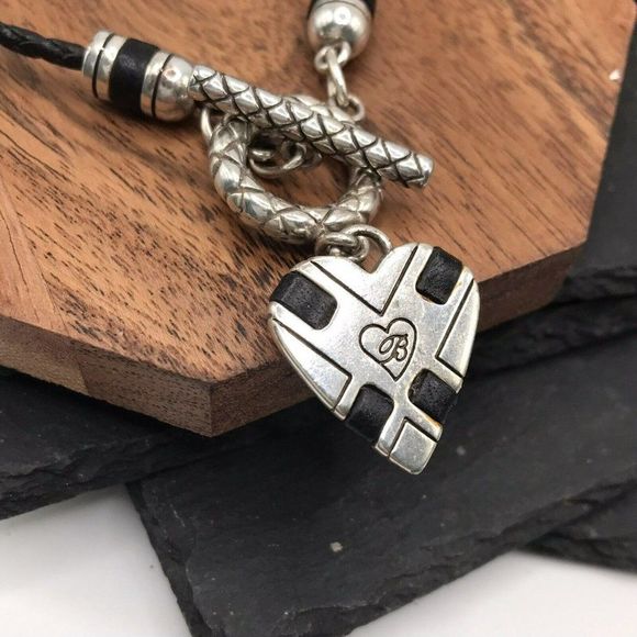 Brighton Whisper Black Heart Necklace Leather Braided Cord Front Toggle 18” - Picture 3 of 6